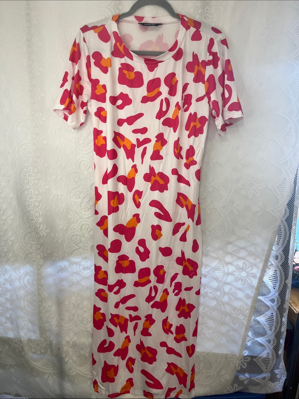 chicme Midi Dress with Pink and Orange Abstract Print tie back NWOT S